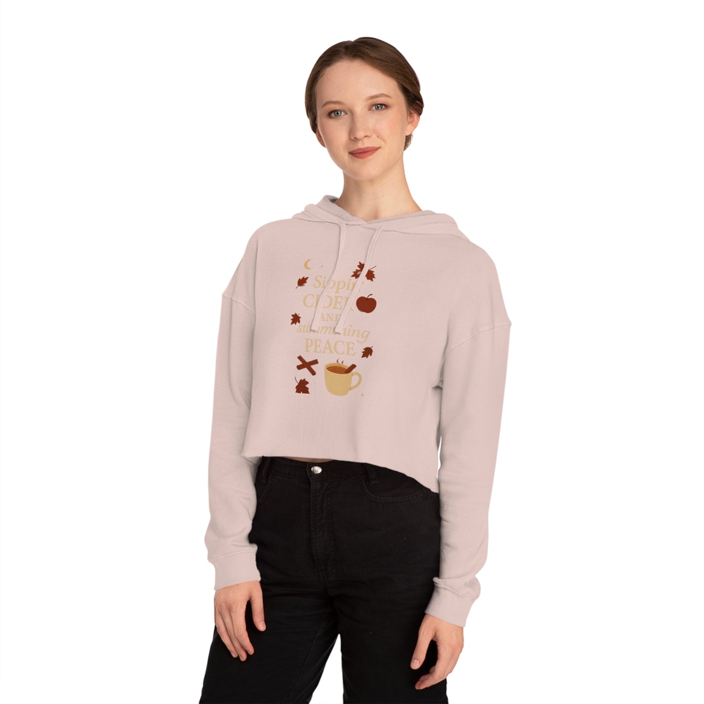 Cozy Autumn Cropped Hoodie - Sippin' Cider and Summoning Peace
