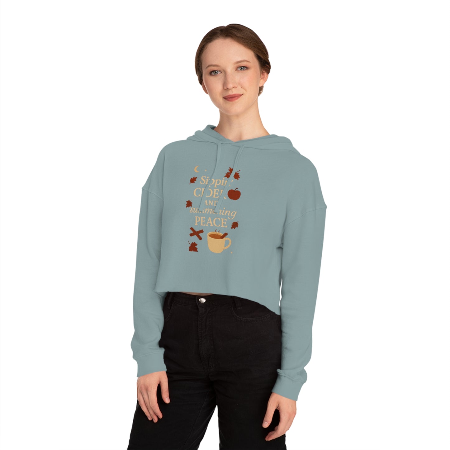 Cozy Autumn Cropped Hoodie - Sippin' Cider and Summoning Peace