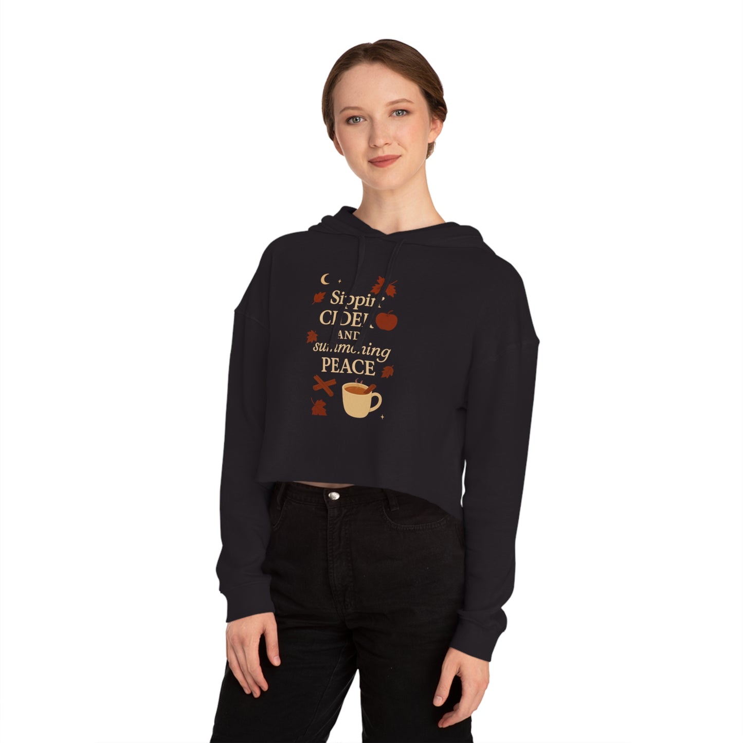 Cozy Autumn Cropped Hoodie - Sippin' Cider and Summoning Peace