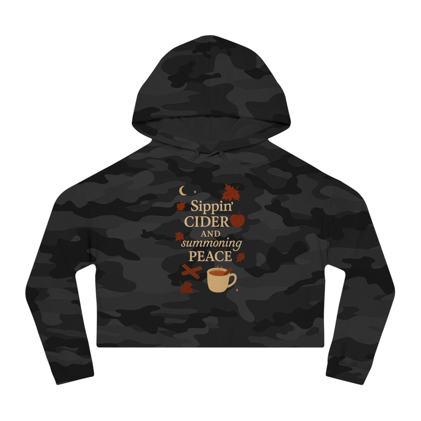 Cozy Autumn Cropped Hoodie - Sippin' Cider and Summoning Peace