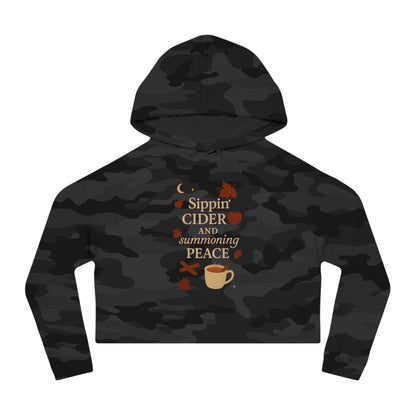 Cozy Autumn Cropped Hoodie - Sippin' Cider and Summoning Peace