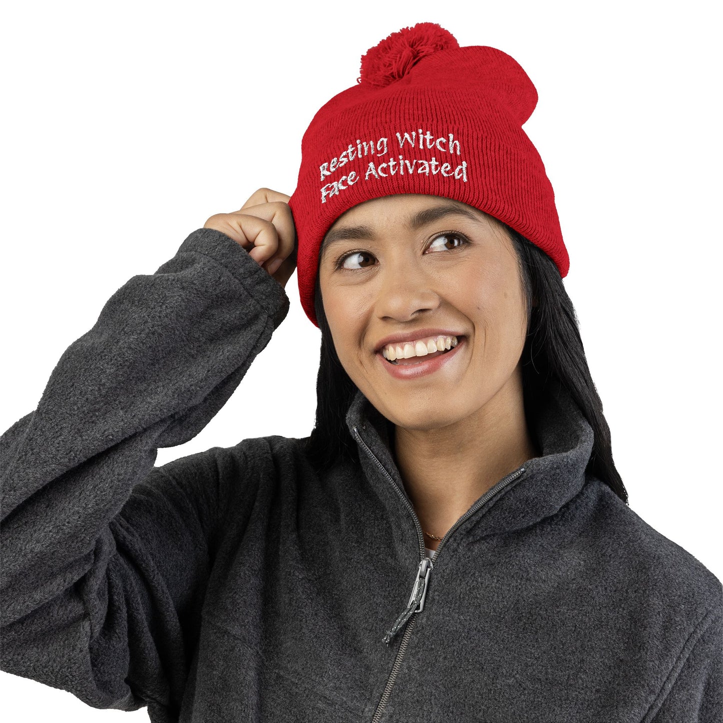 Resting Witch Face Activated Pom-Pom Knit Cap