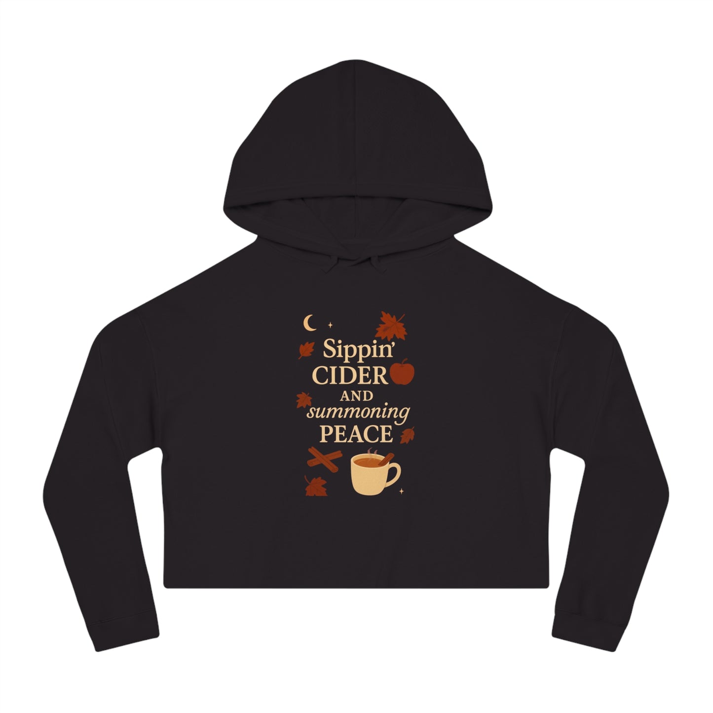 Cozy Autumn Cropped Hoodie - Sippin' Cider and Summoning Peace